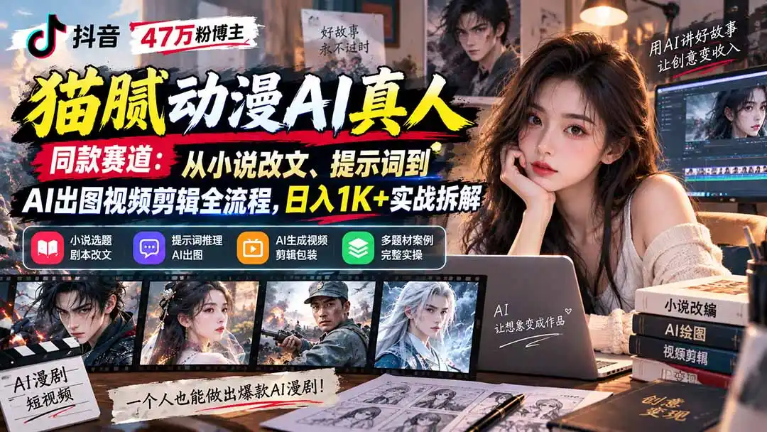 抖音47万粉博主猫腻动漫AI真人同款赛道:从小说改文、提示词到AI出图视频剪辑全流程,日入1K+实战拆解-百盟网