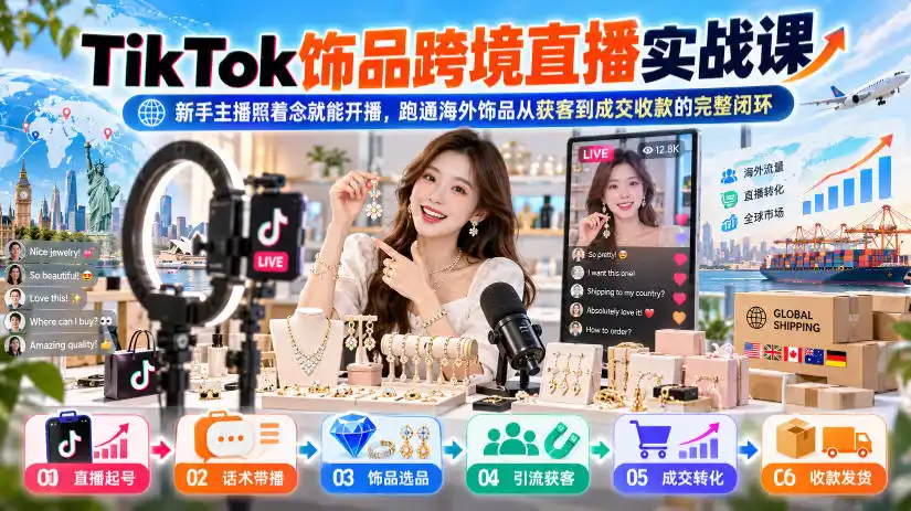 TikTok饰品跨境直播实战课，新手主播照着念就能开播，跑通海外饰品从获客到成交收款的完整闭环-百盟网