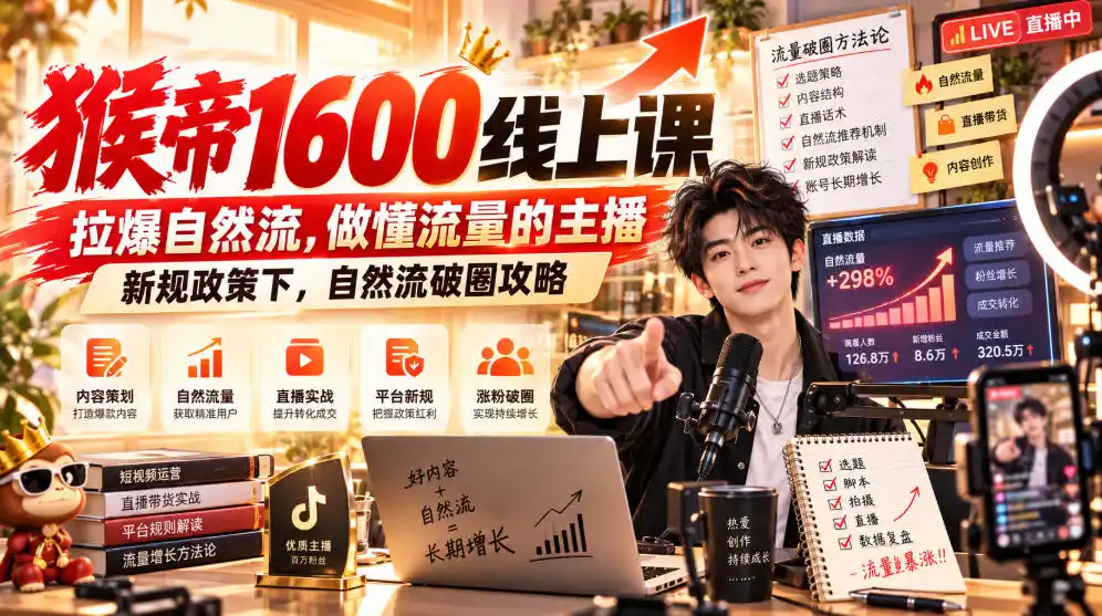 猴帝1600线上课，拉爆自然流，做懂流量的主播，新规政策下，自然流破圈攻略【更新261017】-百盟网