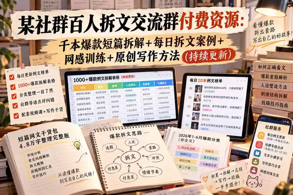 某社群百人拆文交流群付费资源-更新0929：千本爆款短篇拆解+每日拆文案例+网感训练+原创写作方法-百盟网