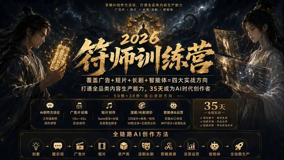 符师训练营-35天成为AI时代创作者，广告+短片+漫剧+智能体四大实战方向，掌握从创意到上线的完整工作流-百盟网