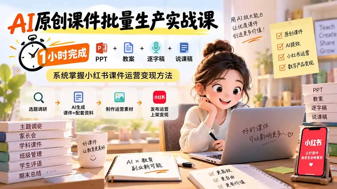 AI原创课件批量生产实战课：1小时完成PPT+教案+逐字稿+说课稿，系统掌握小红书课件运营变现方法-百盟网