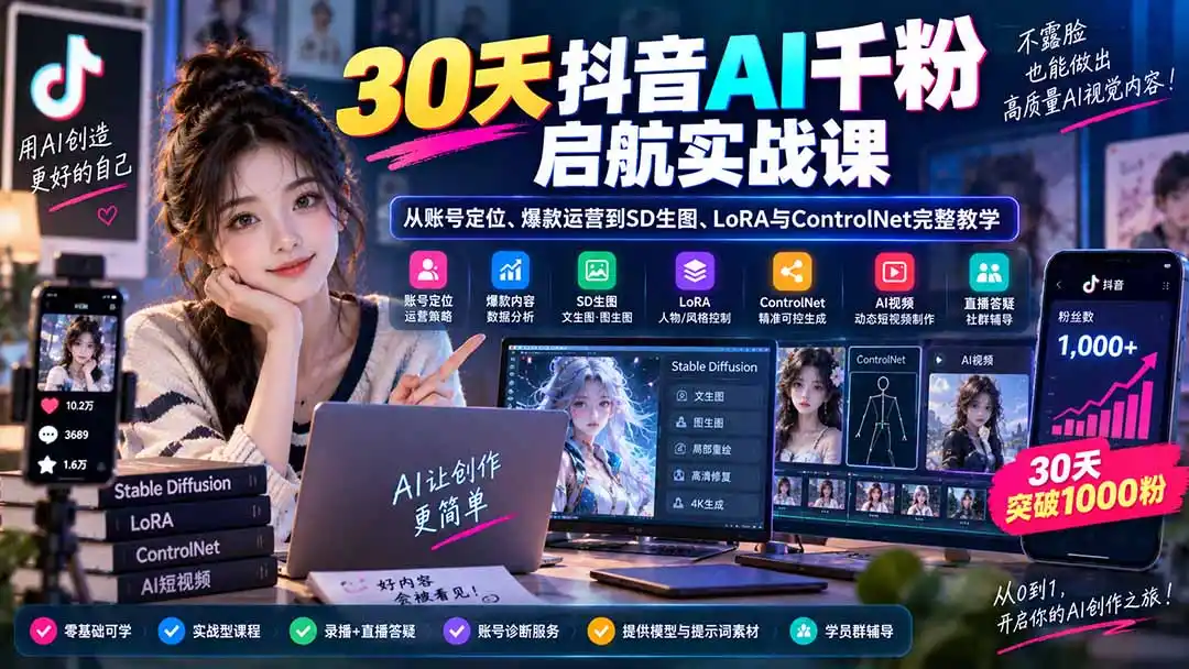 30天抖音AI千粉启航实战课:从账号定位、爆款运营到SD生图、LoRA与ControlNet完整教学-百盟网