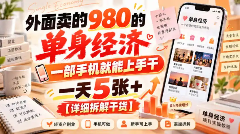 外面卖的980的单身经济，一部手机就能上手干，一天5张+【详细拆解干货】-百盟网