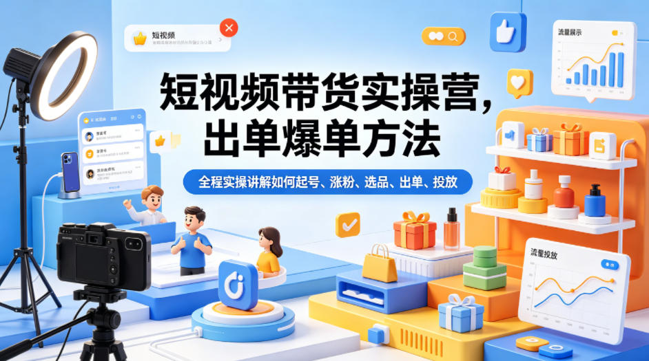 短视频带货实操营，出单爆单方法，全程实操讲解如何起号、涨粉、选品、出单、投放(更新0515)-百盟网