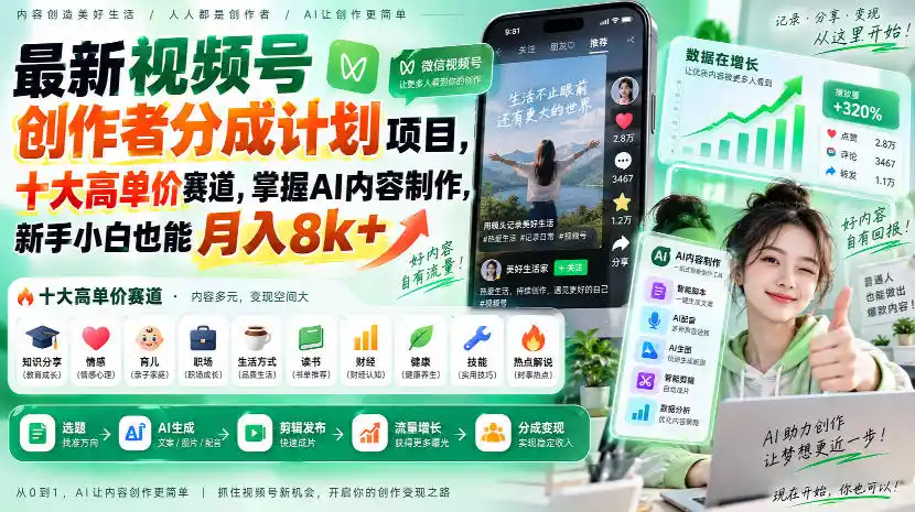 最新视频号创作者分成计划项目，十大高单价赛道，掌握AI内容制作，新手小白也能月入8k+-百盟网