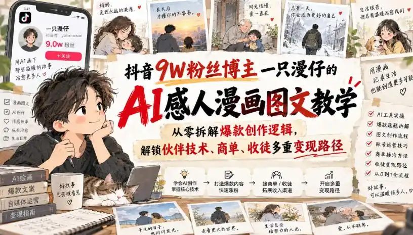 抖音9W粉丝博主一只漫仔的AI感人漫画图文教学，从零拆解爆款创作逻辑，解锁伙伴技术、商单、收徒多重变现路径-百盟网
