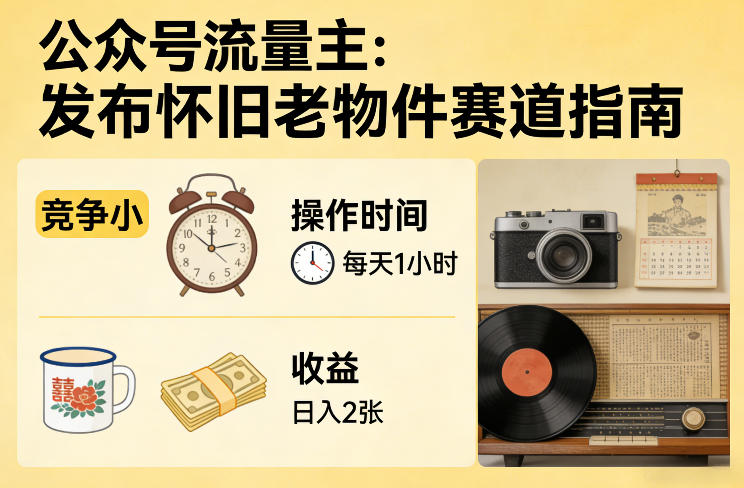 公众号流量主之发布怀旧老物件赛道,竞争小,每天操作1小时,日入2张-百盟网