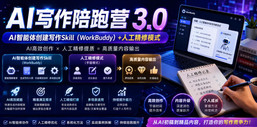 AI写作陪跑营3.0，Ai智能体创建写作skill(workbuddy)+人工手写模式(手搓模式)，去除AI痕迹(头条号、公众号、百家号)(更新0814)-百盟网