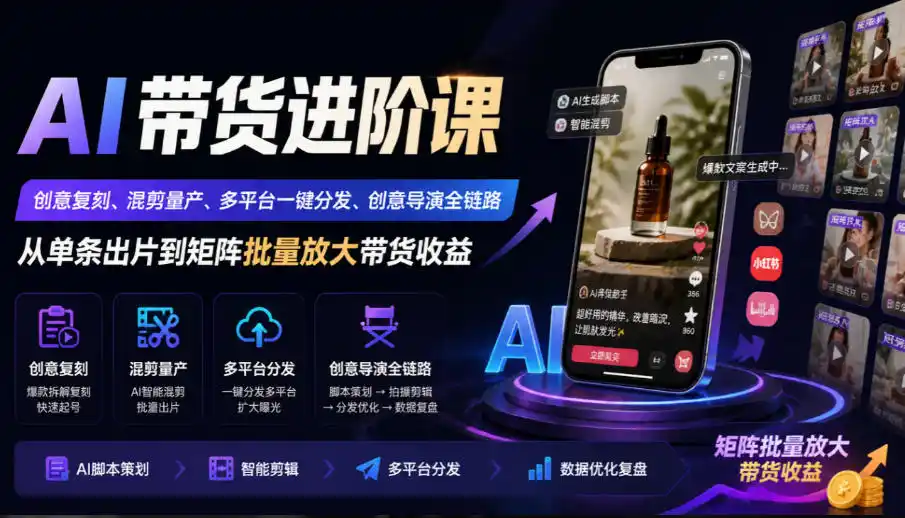 AI带货进阶课｜创意复刻、混剪量产、多平台一键分发、创意导演全链路，从单条出片到矩阵批量放大带货收益-百盟网