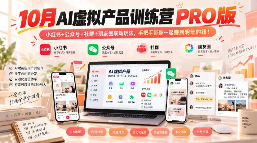 10月AI虚拟产品训练营PRO版，小红书+公众号+社群+朋友圈联动玩法，手把手带你一起赚到明年的钱！-百盟网