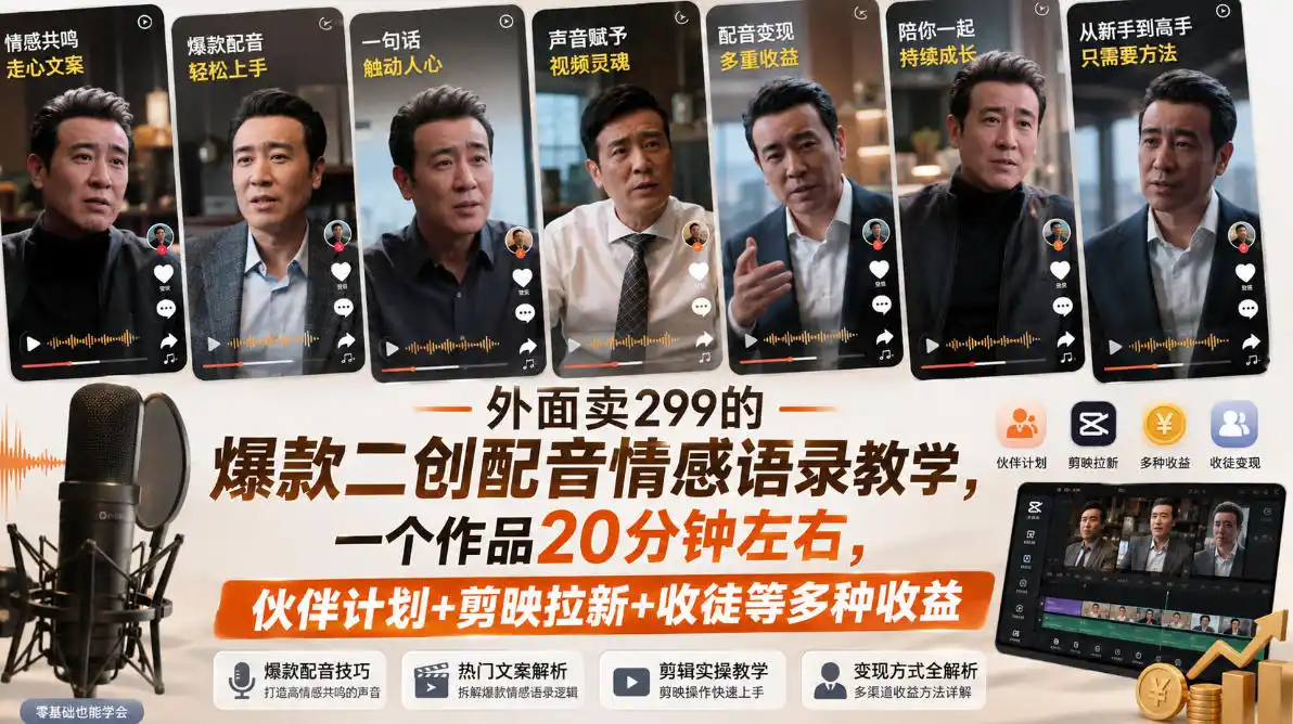 外面卖299的爆款二创配音情感语录教学，一个作品20分钟左右，伙伴计划+剪映拉新+收徒等多种收益-百盟网