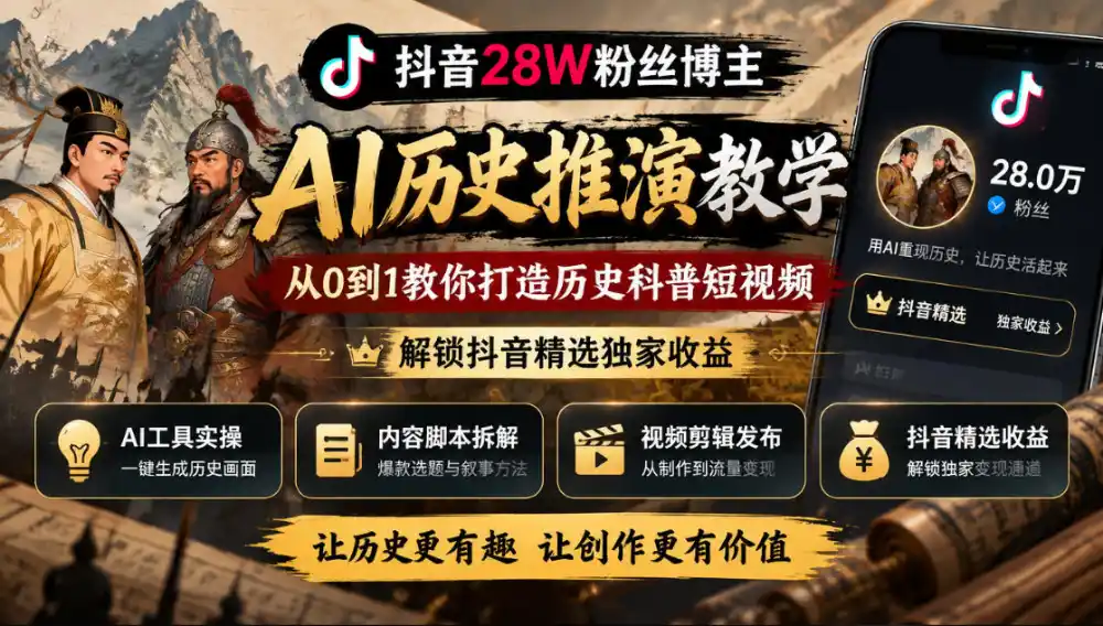 抖音28W粉丝博主的AI历史推演教学，从0到1教你打造历史科普短视频，解锁抖音精选独家收益-百盟网