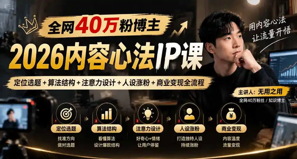 【无水印】全网40W粉博主的2026内容心法IP课，定位选题+算法结构+注意力设计+人设涨粉+商业变现全流程-百盟网