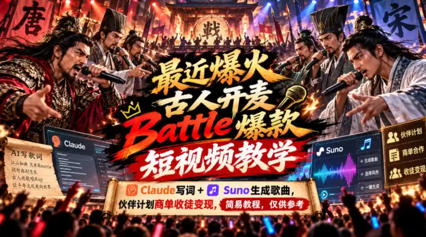 最近爆火古人开麦Battle爆款短视频教学，Claude写词+Suno生成歌曲，伙伴计划商单收徒变现，简易教程，仅供参考-百盟网