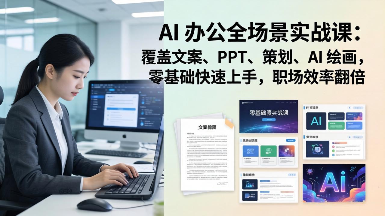 AI 办公全场景实战课:覆盖文案、PPT、策划、AI 绘画,零基础快速上手,职场效率翻倍-百盟网