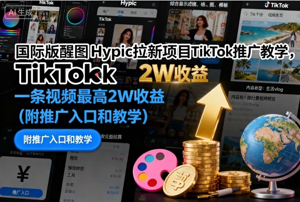 国际版醒图Hypic拉新项目TikTok推广教学，一条视频最高2W收益(附推广入口和教学)-百盟网