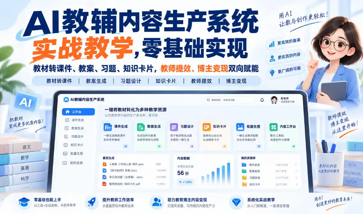【无水印】AI教辅内容生产系统实战教学，零基础实现教材转课件、教案、习题、知识卡片，教师提效、博主变现双向赋能(更新0926)-百盟网