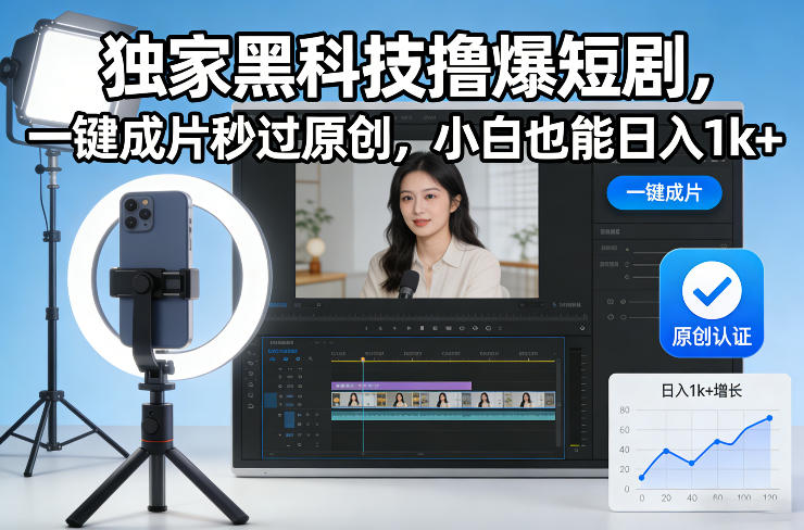 独家黑科技撸爆短剧，一键成片秒过原创，小白也能日入1k+【揭秘】-百盟网