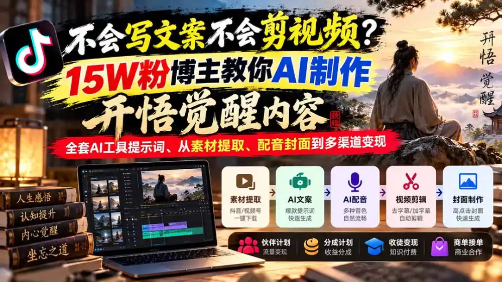 不会写文案不会剪视频？15W粉博主教你AI制作开悟觉醒内容，全套AI工具提示词、从素材提取、配音封面到多渠道变现-百盟网