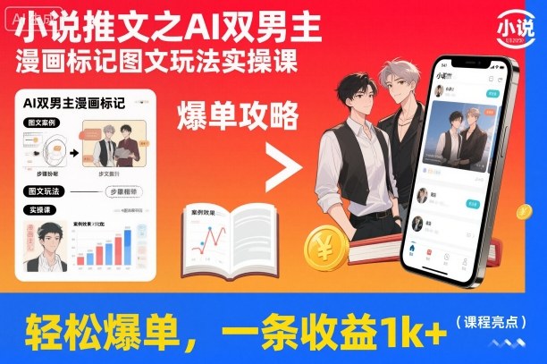 小说推文之AI双男主漫画标记图文玩法实操课，轻松爆单，一条收益1k+-百盟网