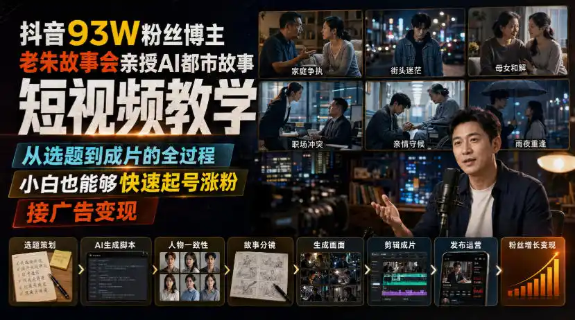 抖音93W粉丝博主老朱故事会亲授AI都市故事短视频教学，从选题到成片的全过程，小白也能够快速起号涨粉接广告变现-百盟网