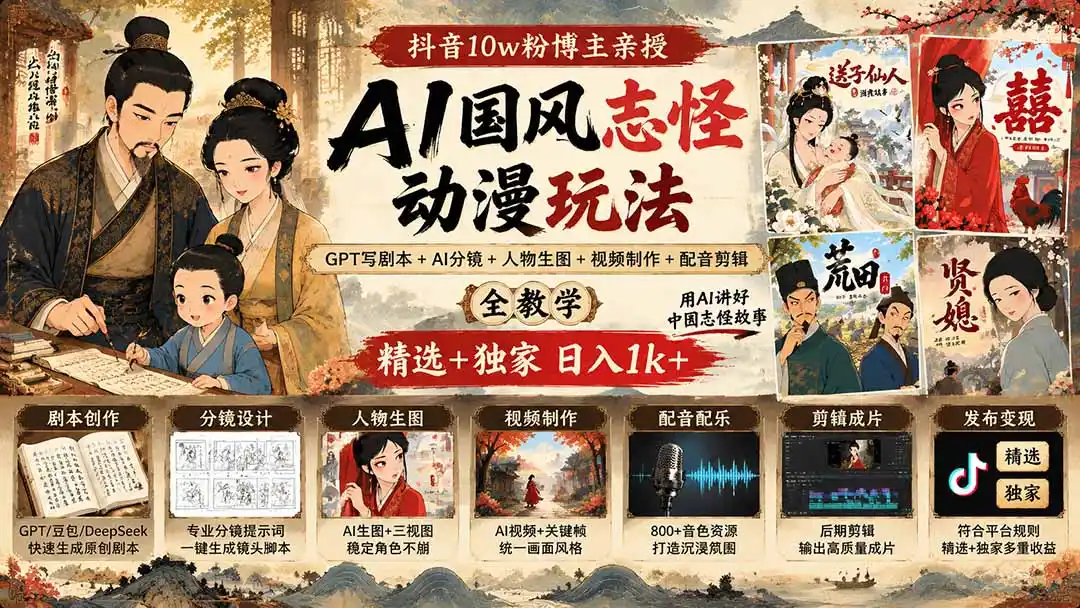 抖音10w粉博主亲授AI国风志怪动漫玩法｜GPT写剧本+AI分镜+人物生图+视频制作+配音剪辑全教学｜精选+独家日入1k+-百盟网
