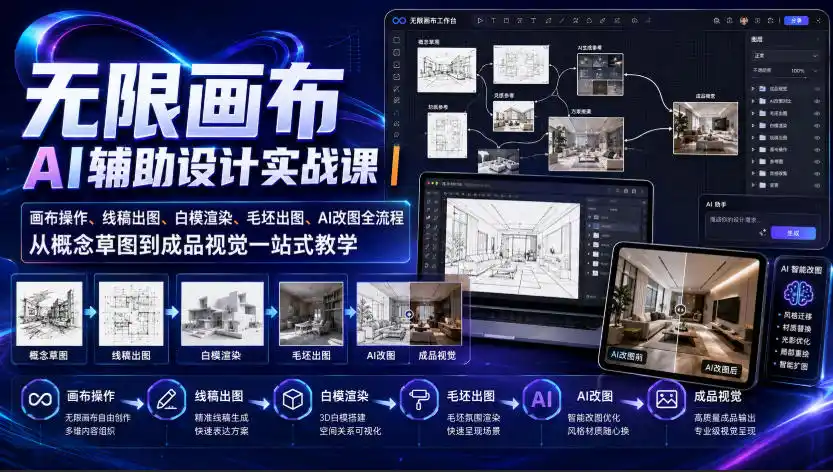 无限画布AI辅助设计实战课｜画布操作、线稿出图、白模渲染、毛坯出图、AI改图全流程，从概念草图到成品视觉一站式教学(更新0923)-百盟网