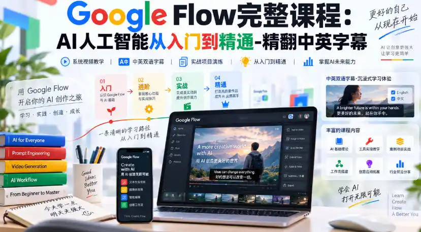 【无水印】Google Flow完整课程：AI人工智能从入门到精通-精翻中英字幕-百盟网