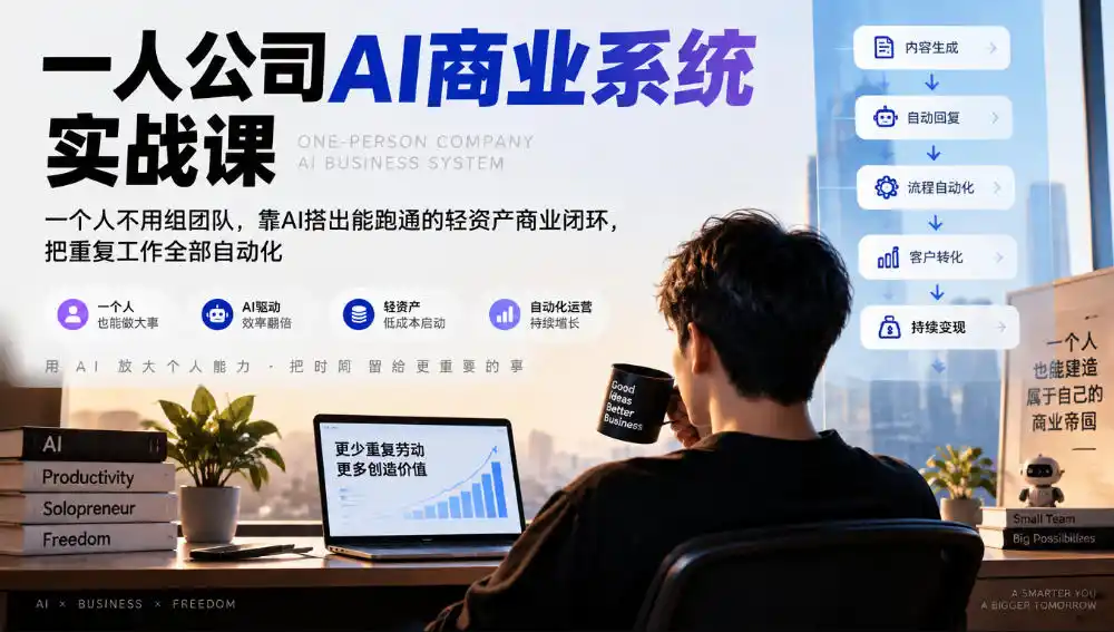 一人公司AI商业系统实战课，一个人不用组团队，靠AI搭出能跑通的轻资产商业闭环，把重复工作全部自动化-百盟网