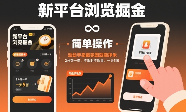 新平台浏览掘金，动动手指截张图就能挣米，2分钟一单，不限时不限量，一天5张【揭秘】-百盟网