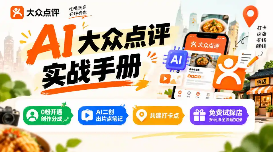 某局的AI大众点评实战手册，0粉开通创作分成、AI二创出片点笔记、共建打卡点、免费试探店多玩法全流程实操-百盟网