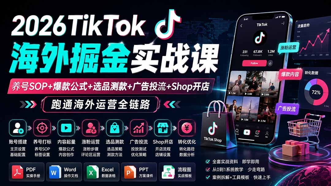 2026TikTok海外掘金实战课——养号SOP+爆款公式+选品测款+广告投流+Shop开店，跑通海外运营全链路-百盟网