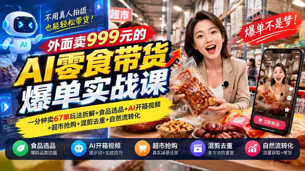 外面卖999元的AI零食带货爆单实战课｜一分钟卖67单玩法拆解+食品选品+AI开箱视频+超市抢购+混剪去重+自然流转化-百盟网