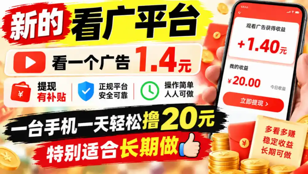 一个新的看广平台，看一个广告1.4元，提现有补贴,一台手机一天轻松撸20+，特别适合长期做【揭秘】-百盟网