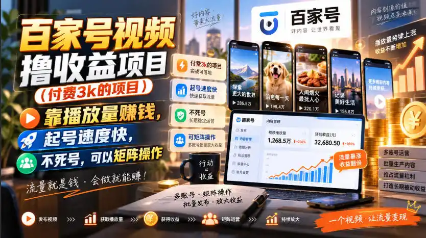 百家号视频撸收益项目(付费3k的项目)，靠播放量賺钱，起号速度快，不死号，可以矩阵操作-百盟网