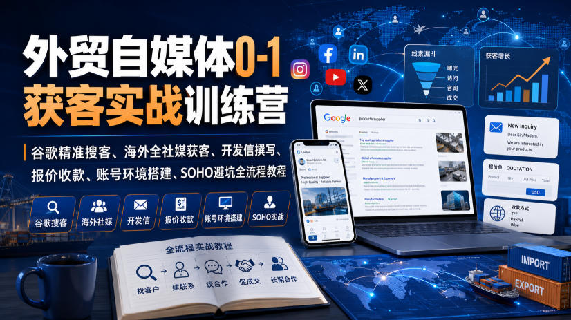 外贸自媒体0-1获客实战训练营｜谷歌精准搜客、海外全社媒获客、开发信撰写、报价收款、账号环境搭建、SOHO避坑全流程教程(更新)-百盟网