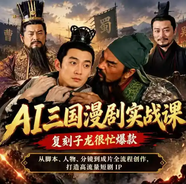 抖音14W粉博主同款AI三国漫剧实战课，复刻子龙很忙爆款，从脚本、人物、分镜到成片全流程创作，打造高流量短剧IP-百盟网
