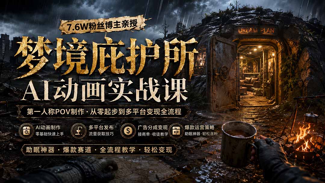 梦境庇护所AI动画实战课：7.6W粉丝博主亲授第一人称POV制作，从零起步到多平台发布变现全流程-百盟网