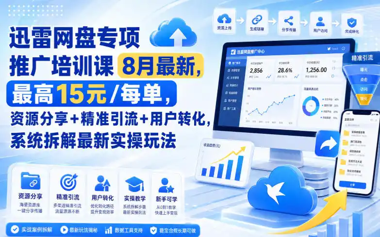迅雷网盘专项推广培训课8月最新，最高15米/每单，资源分享+精准引流+用户转化，系统拆解最新实操玩法(更新0903)-百盟网
