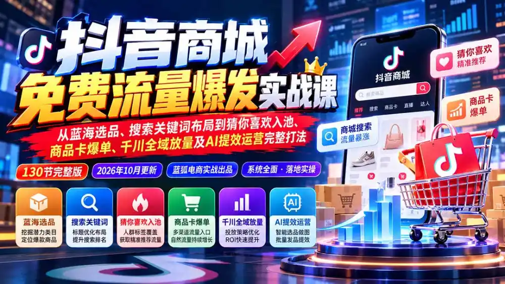 抖音商城免费流量爆发实战：从蓝海选品、搜索关键词布局到猜你喜欢入池、商品卡爆单、千川全域放量及AI提效完整打法