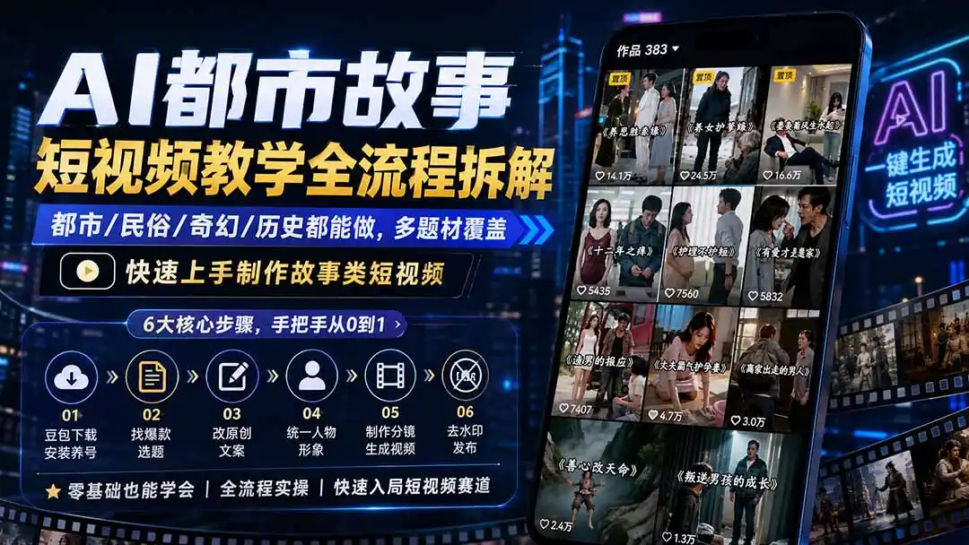 AI都市故事短视频教学全流程拆解；都市/民俗/奇幻/历史都能做多题材覆盖，快速上手制作故事类短视频-百盟网