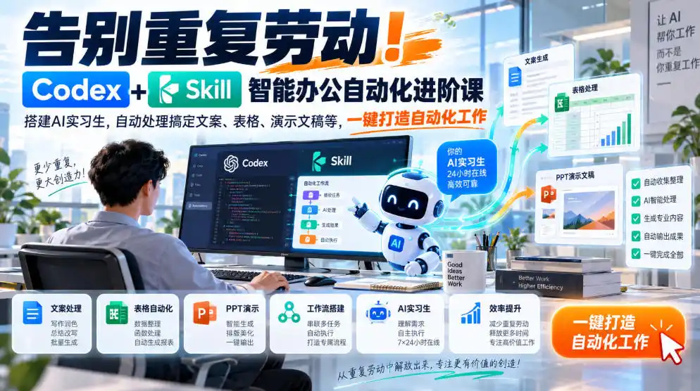 告别重复劳动！Codex+Skill智能办公自动化进阶课｜搭建AI实习生，自动处理搞定文案、表格、演示文稿等，一键打造自动化工作-百盟网