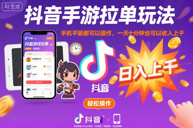 抖音手游拉单玩法，手机平板都可以操作，一天十分钟也可以收入上K【揭秘】-百盟网