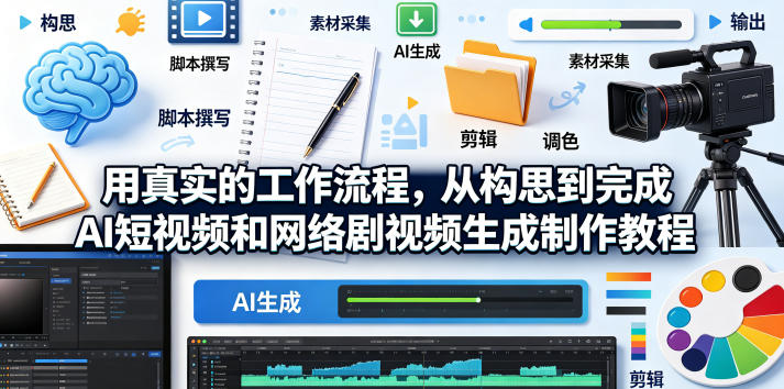 用真实的工作流程,从构思到完成AI短视频和网络剧视频生成制作教程-中英字幕-百盟网