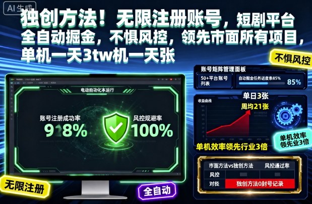 独创方法!无限注册账号,短剧平台全自动掘金,不惧风控,领先市面所有项目,单机一天3张【揭秘】-百盟网