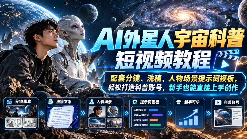 AI外星人宇宙科普短视频教程，配套分镜、洗稿、人物场景提示词模板，轻松打造科普账号，新手也能直接上手创作-百盟网