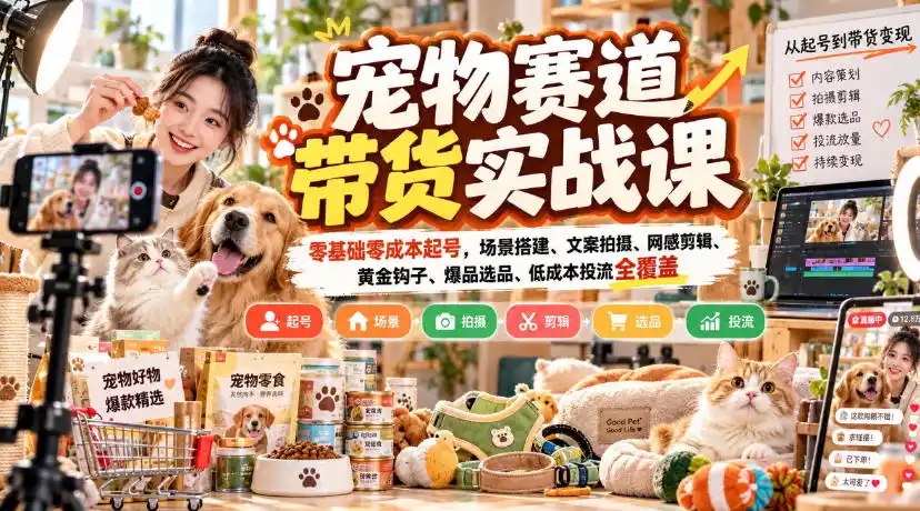 宠物赛道带货实战课，零基础零成本起号，场景搭建、文案拍摄、网感剪辑、黄金钩子、爆品选品、低成本投流全覆盖-百盟网