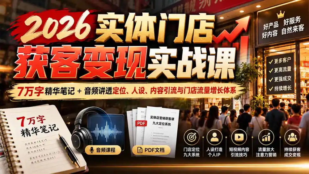 2026实体门店获客变现实战课：7万字精华笔记+音频讲透定位、人设、内容引流与门店流量增长体系-百盟网