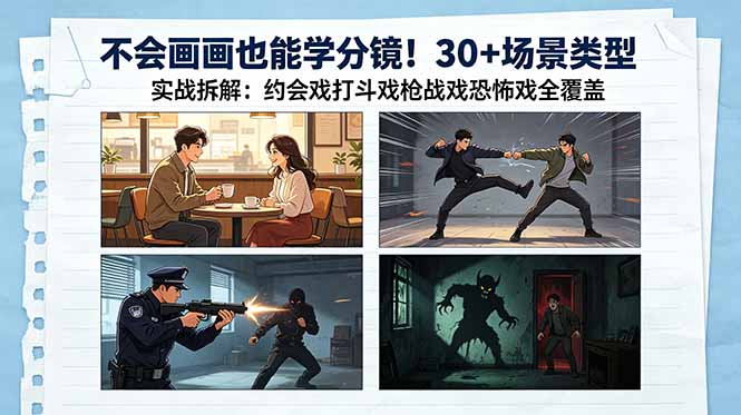 不会画画也能学分镜！30+场景类型实战拆解：约会戏打斗戏枪战戏恐怖戏全覆盖-百盟网